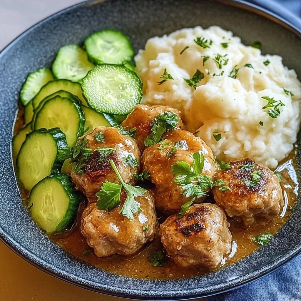 Herzhafte Fleischbällchen mit frischem Gurkensalat und cremigem Kartoffelstampf