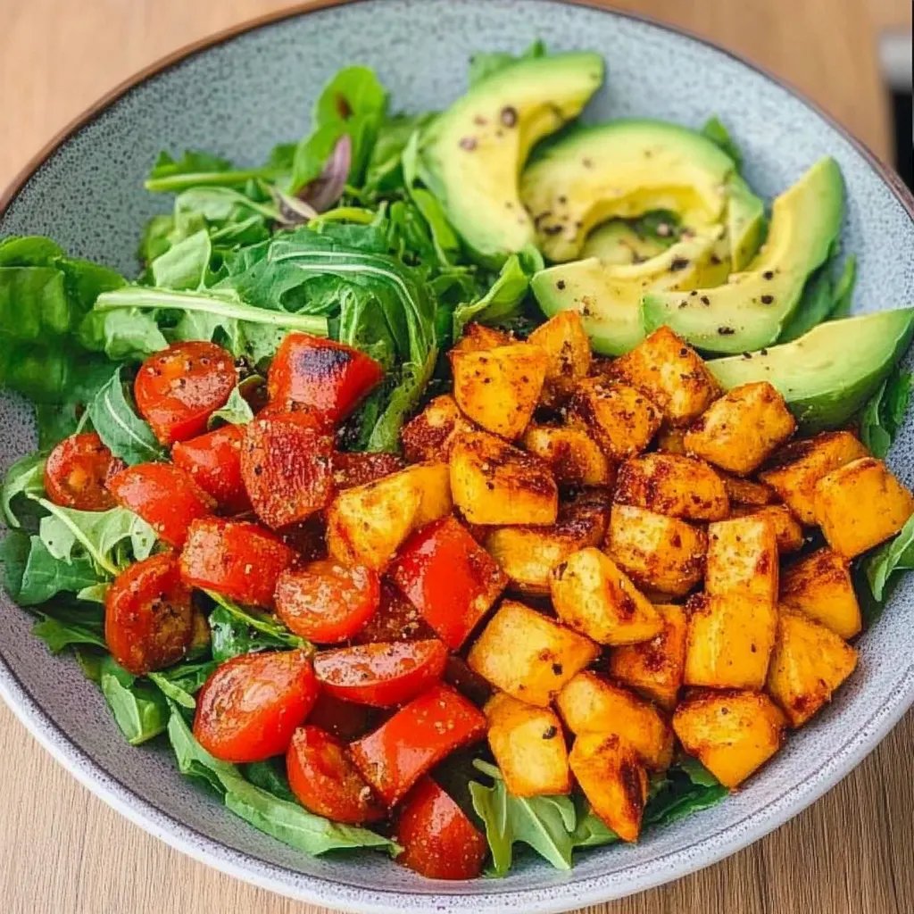 Gesunder Salat mit knusprigen Ofenkartoffeln
