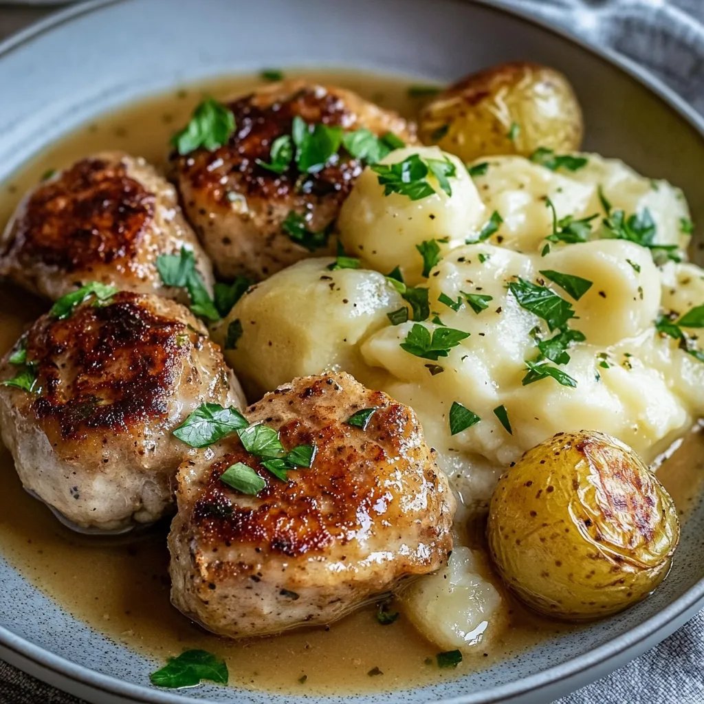 Fleischbällchen mit frischem Gurkensalat und cremigem Kartoffelpüree